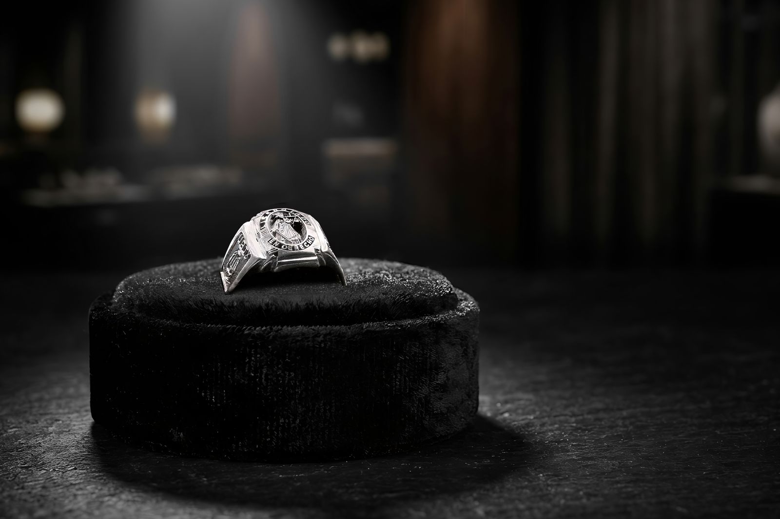 Anillo de graduación de plata con escudo, sobre un pedestal de terciopelo negro.