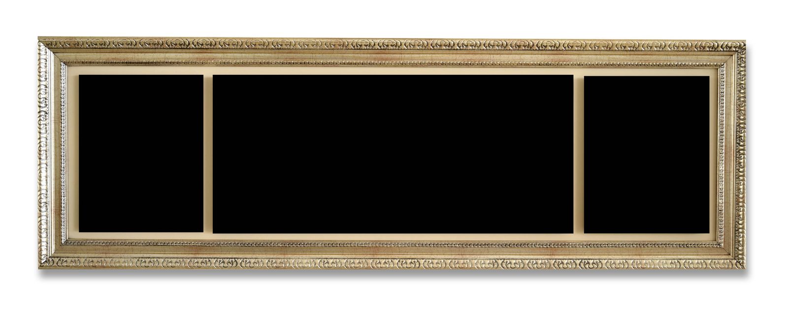 Marco panorámico modelo Atenas: moldura barroco en oro oscuro, con tres ventanas.