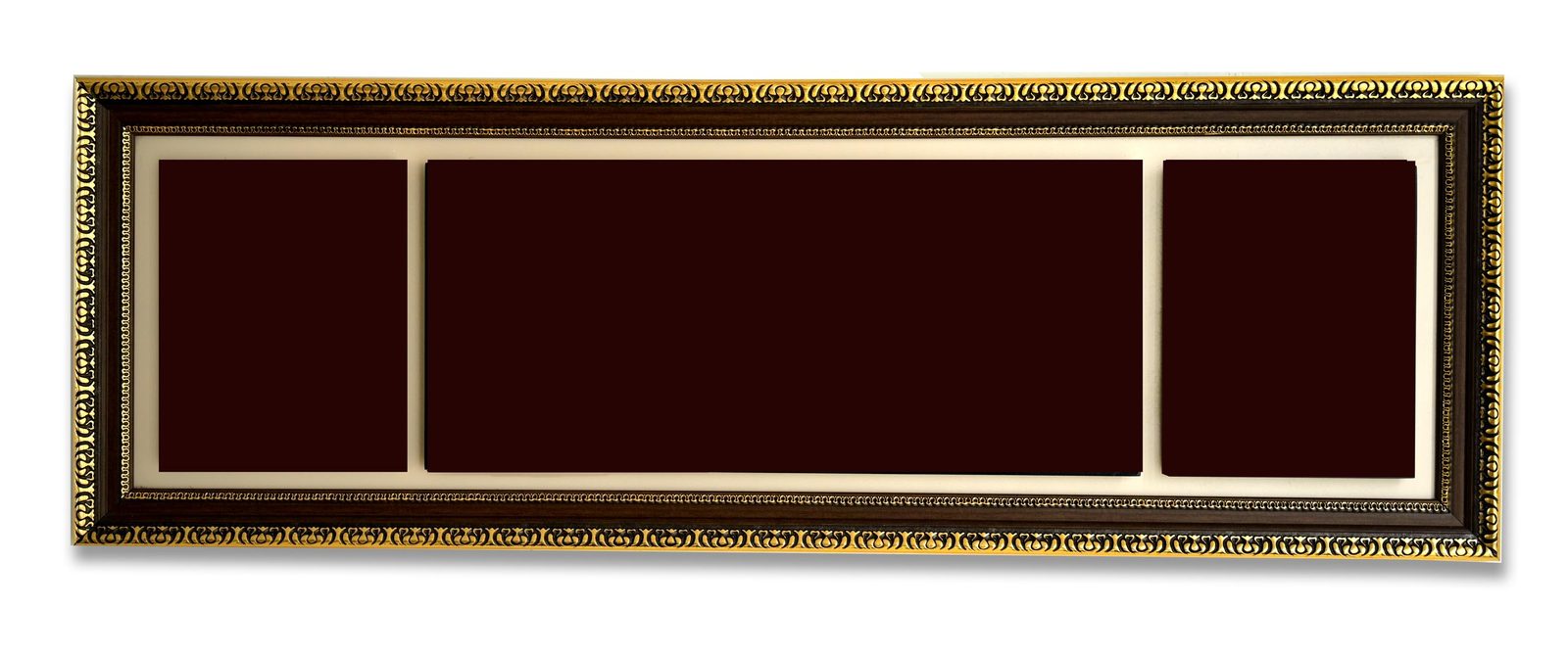 Marco panorámico modelo Aura: moldura barroco en oro con negro, con tres ventanas.