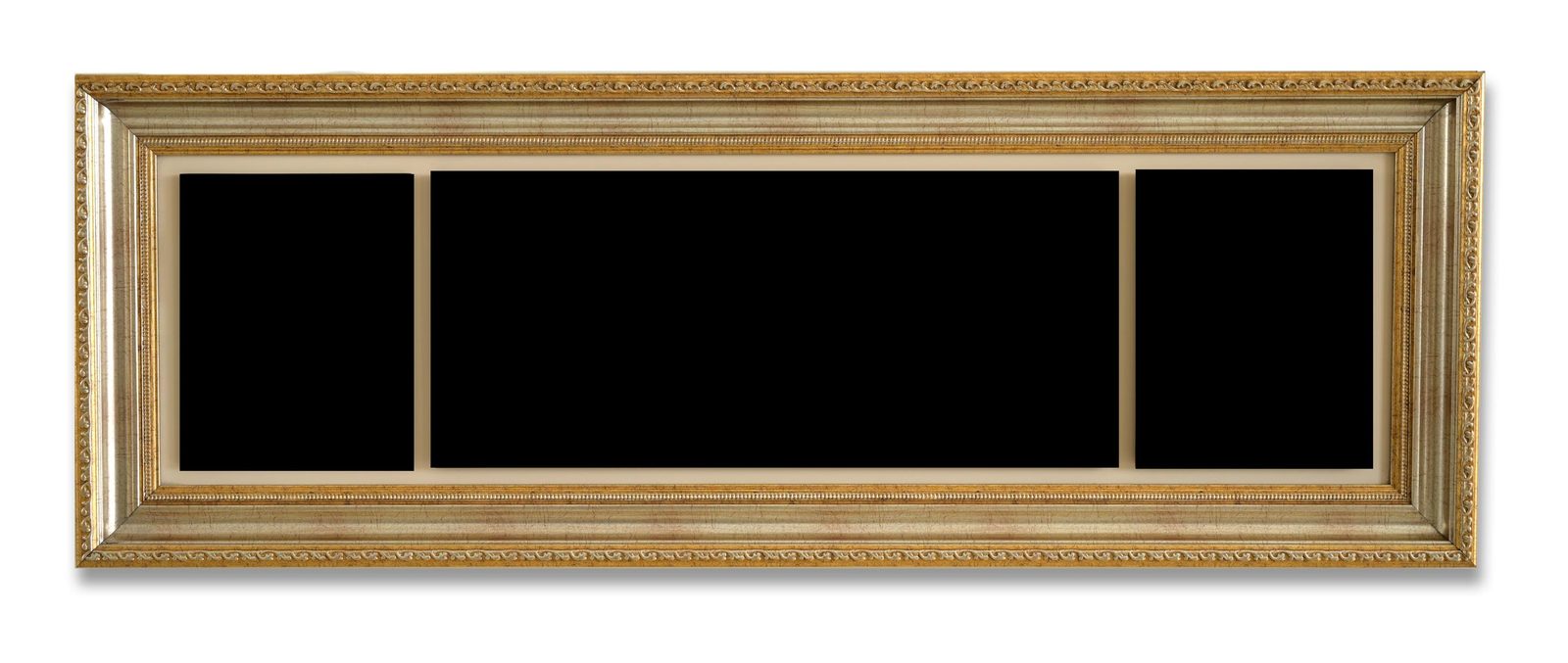 Marco panorámico modelo Royal: moldura ancho en plata y oro, con tres ventanas.