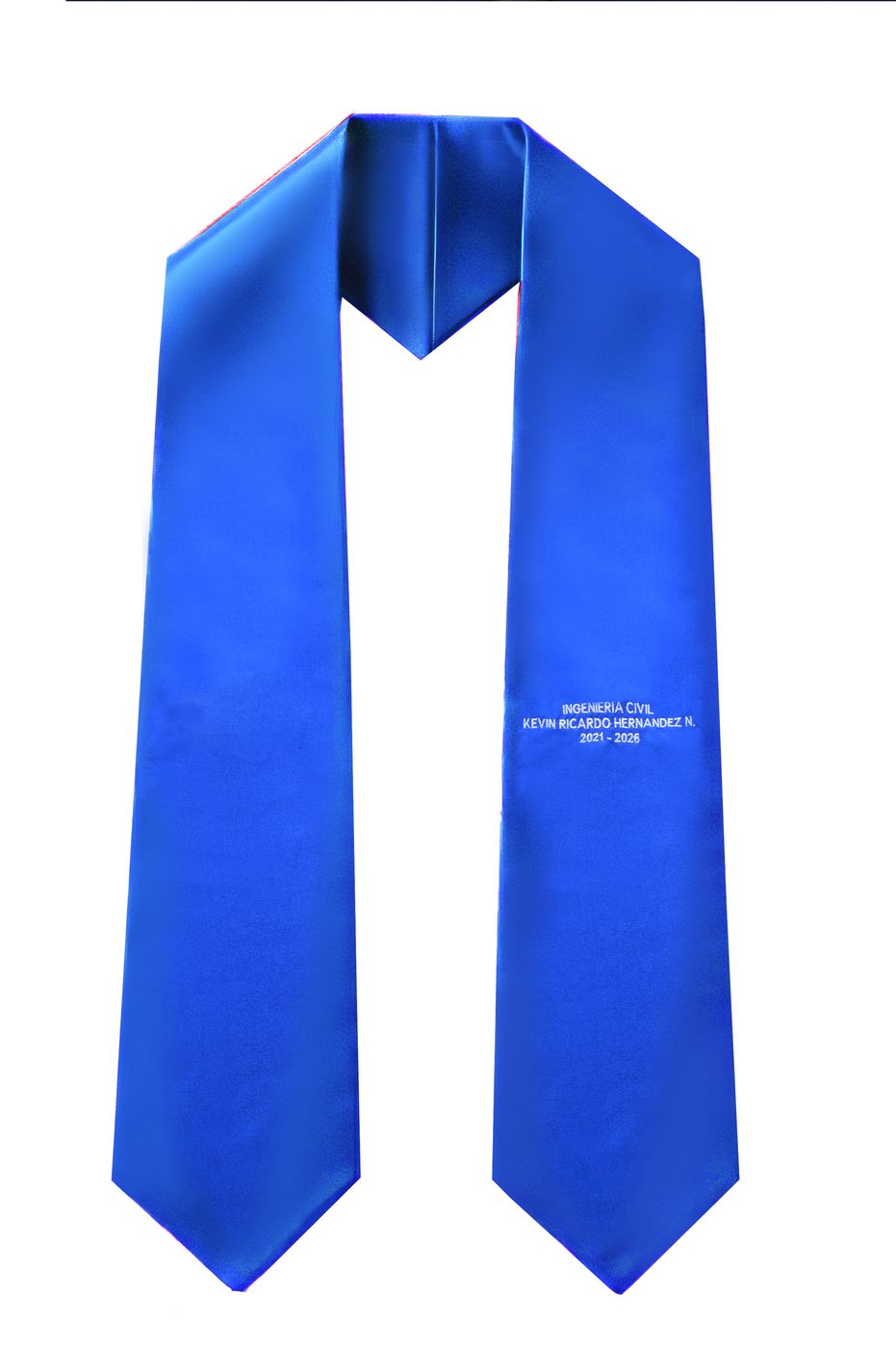 Estola azul rey con texto bordado en blanco.